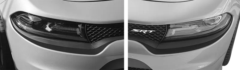 2015 to 2023 Dodge Charger SRT Hellcat / SRT 392 / R/T Scat Pack Headlamp Fascia Blackout Decals . Installed on Car